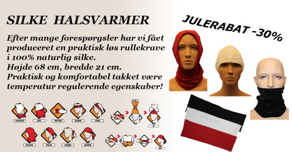 Silke halsvarmer, 100% silke, 67cm lang og kan købes i sort, hvid, blå og rød.