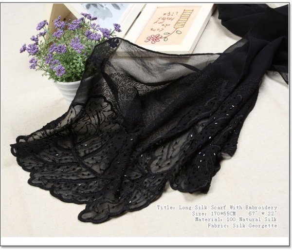 Silke tørklæde broderet sort 100% silke