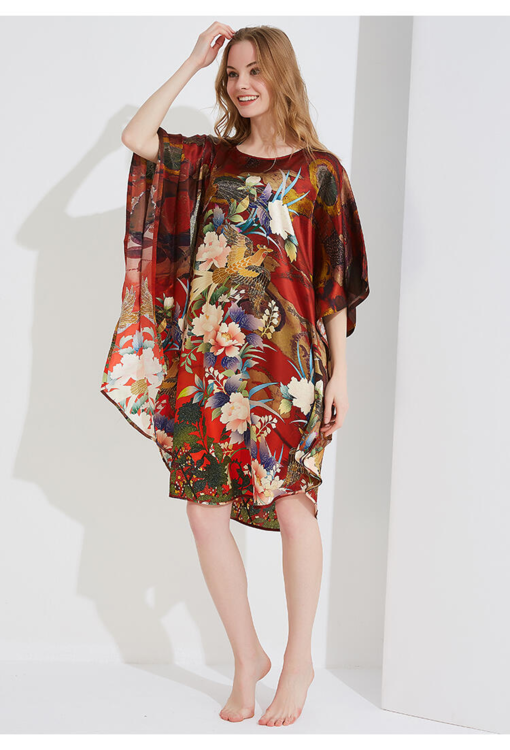 Silke Batwing Natkjole 100% silke 19momme, phoenix Bourgogne med masser af flotte blomster