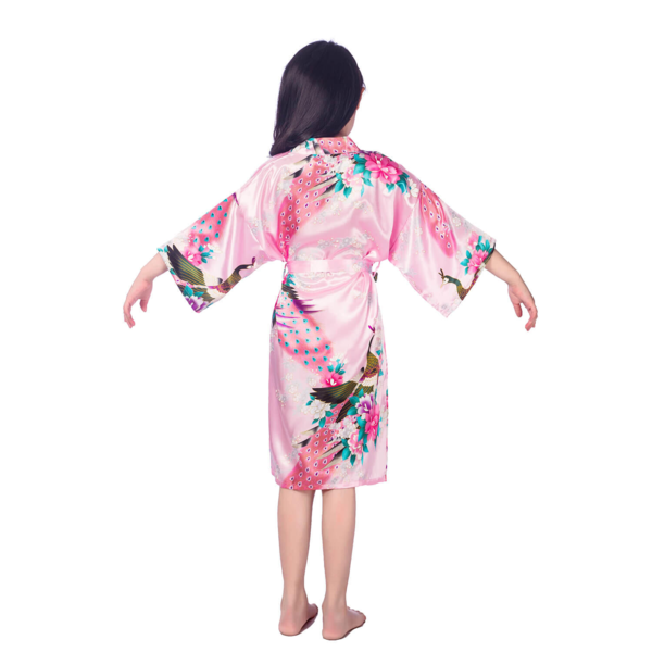Påfugltrykt kimono, imiteret silke (100% polyester)