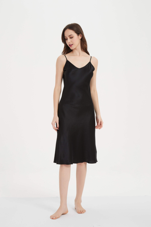 Sort Silke satin underkjole lang, 100% 19momme silke