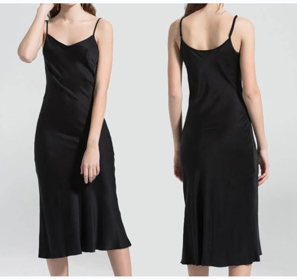 Sort Silke satin underkjole lang, 100% 19momme silke