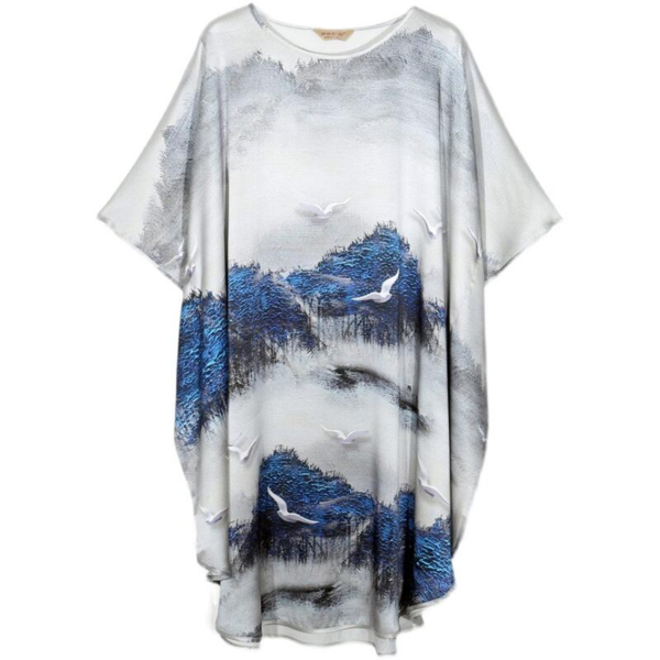 Silke Batwing Natkjole 100% silke 19momme - Grå med print af blå skov og hvide fugle